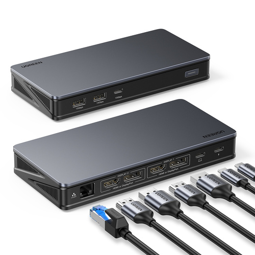 תחנת עגינה UGREEN REVODOK PRO 209 9 IN 1 USB-C to 2*USB 3.2+1*USB-C3.2+2*HDMI+2*DP+RJ45 Gigabit+PD port Converter שחור CM615-90912