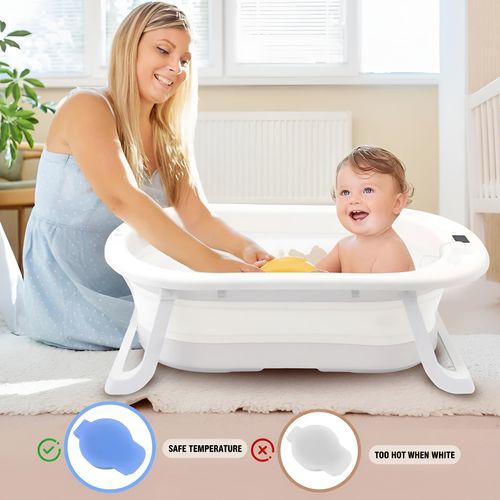 אמבטיה מתקפלת מסיליקון עם מעמד וטרמומטר(מד חום) – צבע  לבן