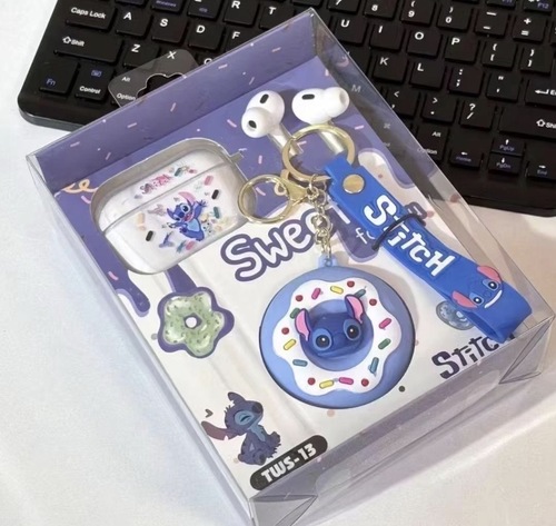 אוזניות Bluetooth Stitch TWS 5.3 עם קייס סיליקון ודמות Stitch