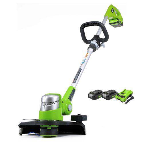 חרמש נטען Greenworks G24VST 24V - כלי רב-תכליתי לגיזום דשא וקיצוץ קנטים עם ראש מתכוונן, מוט טלסקופי וגלגל עזר לדיוק מקסימלי