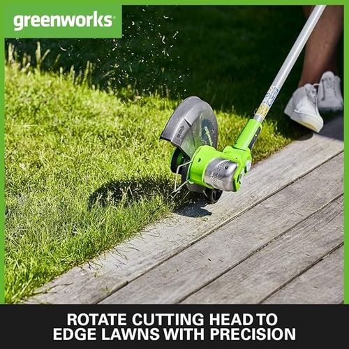חרמש נטען Greenworks G24VST 24V - כלי רב-תכליתי לגיזום דשא וקיצוץ קנטים עם ראש מתכוונן, מוט טלסקופי וגלגל עזר לדיוק מקסימלי