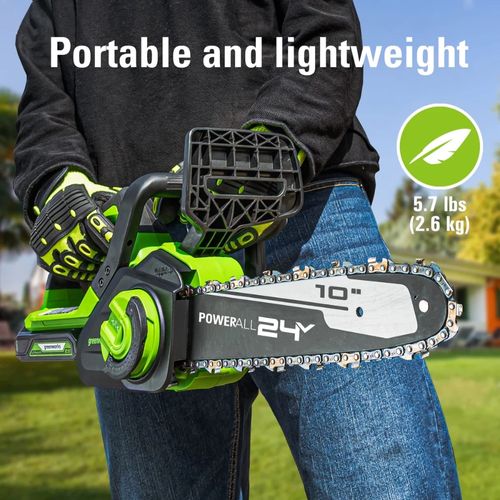 מסור שרשרת Greenworks CS24B00 24V 10 אינץ' - מוביל ושרשרת איכותיים עם שימון אוטומטי ומתיחה ללא כלים לחיתוך ענפים וגזעים