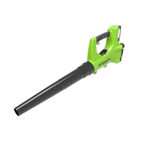 מפוח עלים נטען Greenworks BA24B210 24V - מבט צד על רקע לבן, מציג עיצוב ארגונומי קל משקל 2 ק