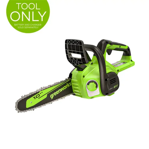 מסור שרשרת נטען Greenworks CS24B210 24V - מוביל 10 אינץ', סוללה 2 אמפר עם USB, מתיחת שרשרת ללא כלים ושימון אוטומטי לחיתוך ענפים ביעילות