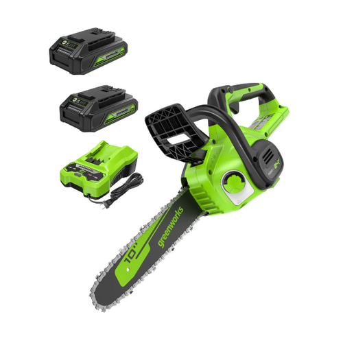 מסור שרשרת Greenworks CS24B00 24V דגם 20362 - מסור נטען 10 אינץ' עם 2 סוללות ליתיום ומטען מהיר לגיזום ענפים וחיתוך עצים