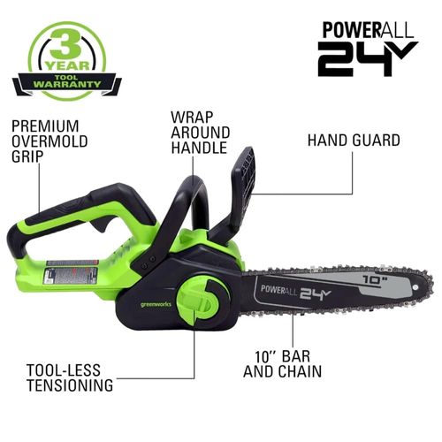 מסור שרשרת Greenworks CS24B00 24V דגם 20362 - מסור נטען 10 אינץ' עם 2 סוללות ליתיום ומטען מהיר לגיזום ענפים וחיתוך עצים