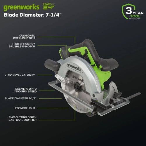 מסור עגול נטען Greenworks CRD401 24V Brushless - מסור מקצועי עם להב 7-1/4 אינץ', מנוע ללא פחמים, תאורת LED ואחיזה גומי לחיתוכים מדויקים