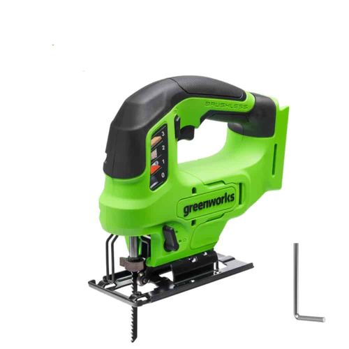 מסור אנכי נטען Greenworks JS24B340 24V Brushless דור 2 - מסור ג'יגזור מקצועי עם 4 מצבי אורביטל, תאורת LED ומתאם שואב אבק לחיתוך מדויק בעץ ומתכת