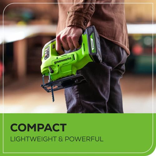 מסור אנכי נטען Greenworks JS24B340 24V Brushless דור 2 - מסור ג'יגזור מקצועי עם 4 מצבי אורביטל, תאורת LED ומתאם שואב אבק לחיתוך מדויק בעץ ומתכת