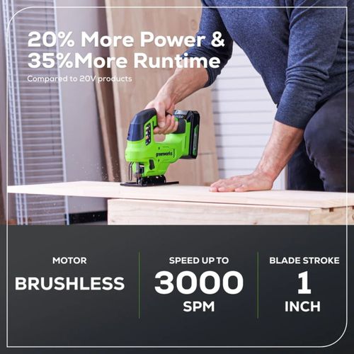 מסור אנכי (ג'יגזור) נטען Greenworks JS24B340 24V Brushless דור 2 - מסור מקצועי עם פנדל ו-4 מצבי אורביטל לחיתוך מדויק בעץ, פלסטיק ומתכת