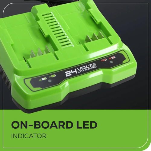 מטען כפול Greenworks CAG812 24V 2 אמפר - מטען קומפקטי עם שני שקעי טעינה וחיווי LED לסוללות 24V