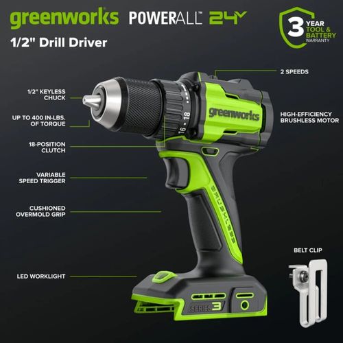 מקדחה מברגה נטענת Greenworks DD345 24V Brushless - צ'אק מתכת 1/2 אינץ', 2 מהירויות, 18 מצבי מומנט ותאורת LED לקידוח והברגה מקצועיים