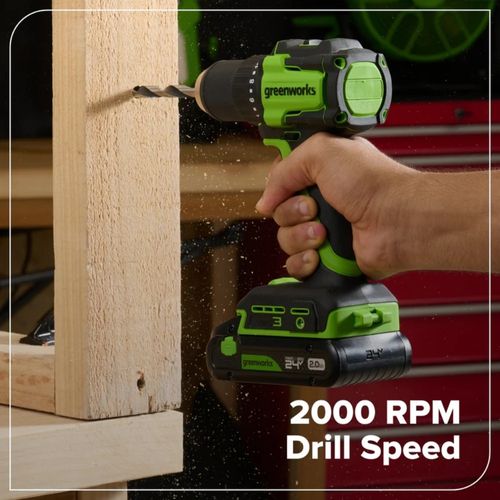 מקדחה מברגה נטענת Greenworks DD345 24V Brushless - צ'אק מתכת 1/2 אינץ', 2 מהירויות, 18 מצבי מומנט ותאורת LED לקידוח והברגה מקצועיים