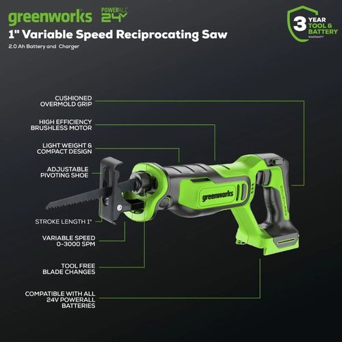 מסור חרב נטען Greenworks PA238K Brushless 24V עם להב 6 אינץ' - כלי מקצועי לחיתוך עץ ומתכת עם סוללה ומטען מהיר