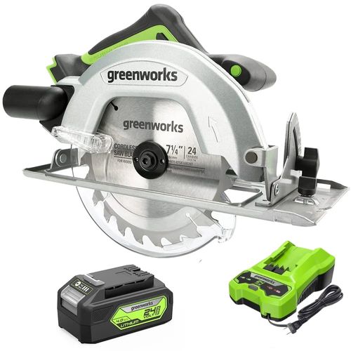 מסור עגול Greenworks CRD401 24V Brushless עם להב 7-1/4 אינץ' - מסור נטען מקצועי עם סוללה 4 אמפר ומטען מהיר לחיתוכי עץ ובנייה