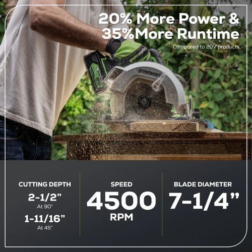 מסור עגול Greenworks CRD401 24V Brushless עם להב 7-1/4 אינץ' - מסור נטען מקצועי עם סוללה 4 אמפר ומטען מהיר לחיתוכי עץ ובנייה