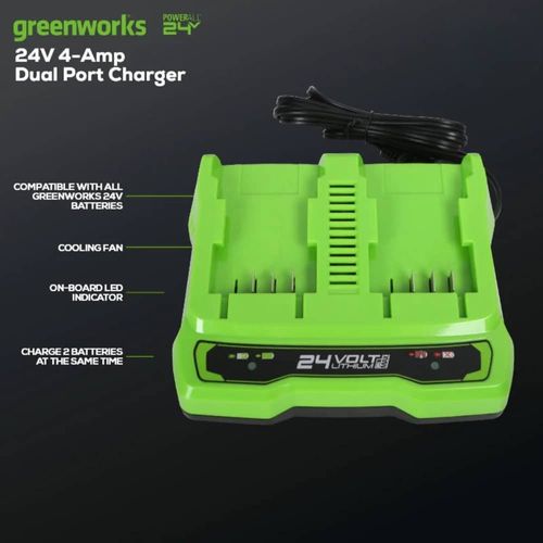 מטען כפול Greenworks 2961702 24V 4 אמפר - מטען מתקדם עם שני שקעי טעינה ויציאת USB מובנית לטעינת מכשירים ניידים, תואם לכל סוללות Greenworks 24V