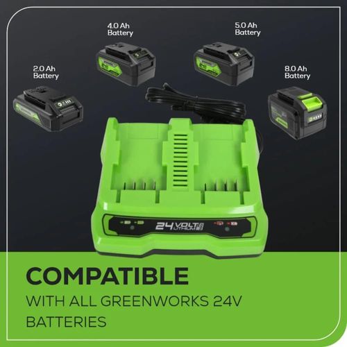 מטען כפול Greenworks 2961702 24V 4 אמפר - מטען מתקדם עם שני שקעי טעינה ויציאת USB מובנית לטעינת מכשירים ניידים, תואם לכל סוללות Greenworks 24V