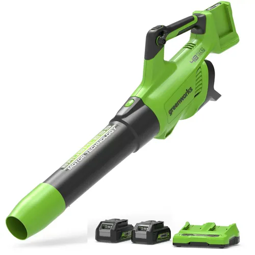 מפוח עלים נטען Greenworks GD24X2AB 48V - מנוע Brushless עם מערכת דו-סוללתית, וויסות מהירות ולחצן Boost לניקוי גינה מקצועי