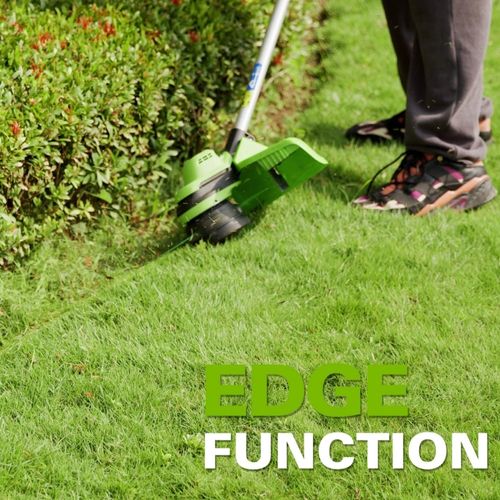 חרמש נטען Greenworks GD24X2BCB 48V Brushless עם כידון אופניים - מוצג על רקע לבן עם ראש חוט וסכין מתכת לחיתוך דשא ועשבייה