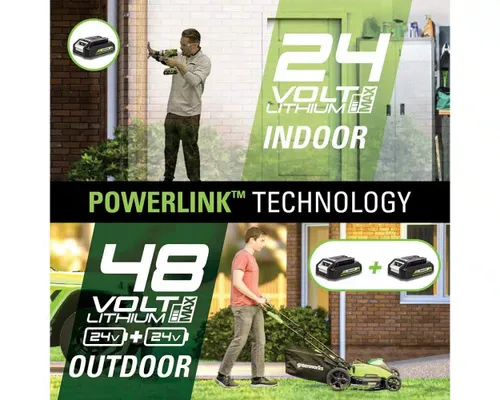 חרמש נטען Greenworks GD24X2BCB 48V Brushless עם כידון אופניים - מוצג על רקע לבן עם ראש חוט וסכין מתכת לחיתוך דשא ועשבייה