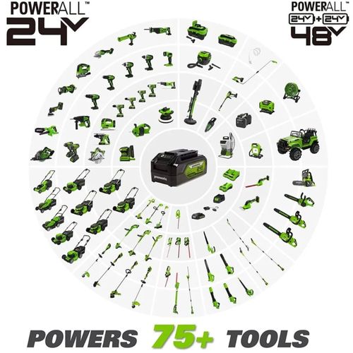 חרמש נטען Greenworks GD24X2BCB 48V Brushless עם כידון אופניים - מוצג על רקע לבן עם ראש חוט וסכין מתכת לחיתוך דשא ועשבייה