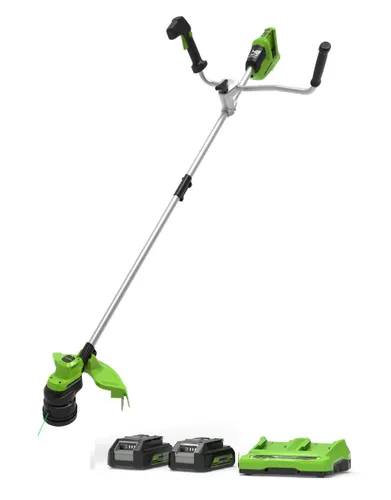 חרמש נטען Greenworks GD24X2BCBK4x 48V Brushless עם כידון אופניים - מנוע ללא פחמים לחיתוך דשא ועשבים עם 2 סוללות 4 אמפר ומטען כפול