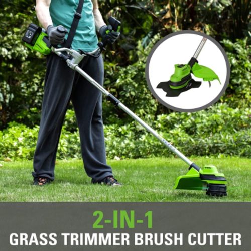 חרמש נטען Greenworks GD24X2BCBK4x 48V Brushless עם כידון אופניים - מנוע ללא פחמים לחיתוך דשא ועשבים עם 2 סוללות 4 אמפר ומטען כפול