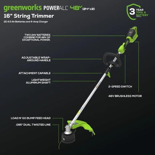 חרמש נטען Greenworks ST48L4410 48V - מנוע Brushless עם כפתור טורבו ורוחב חיתוך 33 ס