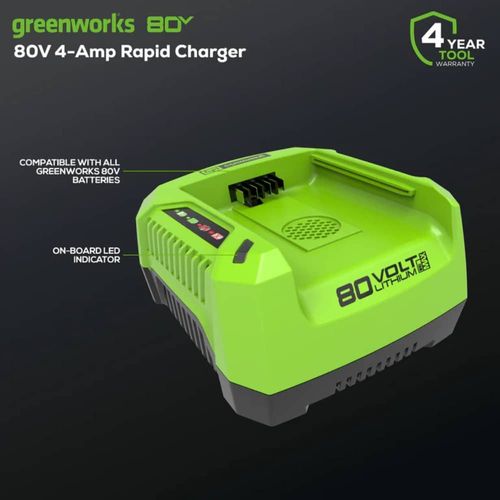 מטען מהיר Greenworks GCH8040 Pro 80V - מטען 4 אמפר עם מאוורר קירור מובנה וחיווי LED לטעינה מהירה ובטוחה של סוללות 80V