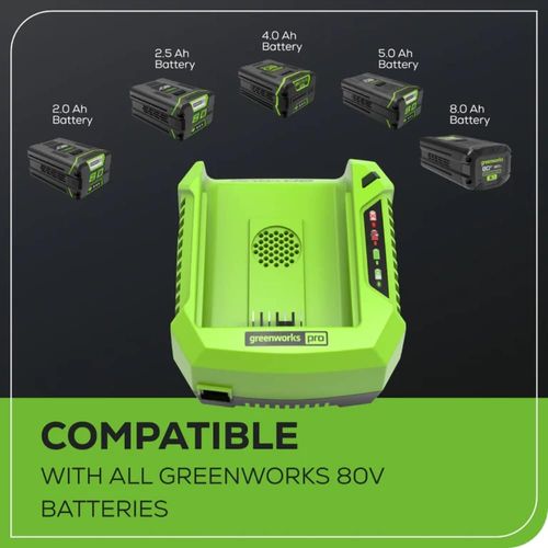 מטען מהיר Greenworks GCH8040 Pro 80V - מטען 4 אמפר עם מאוורר קירור מובנה וחיווי LED לטעינה מהירה ובטוחה של סוללות 80V