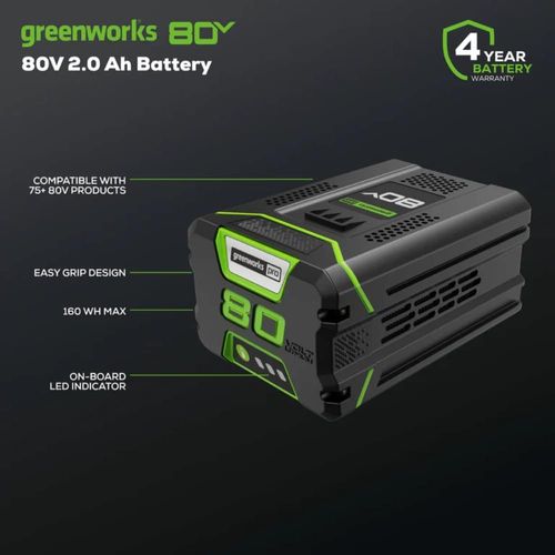 סוללה ליתיום-יון Greenworks Pro GBA80200 2 אמפר 80V - סוללה מקצועית עם חיווי LED וטעינה מהירה ב-30 דקות למשימות גינון קלות עד בינוניות
