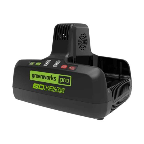 מטען כפול Greenworks 2958602AZ Pro 80V - מטען מקצועי לשתי סוללות עם מאוורר קירור וחיווי LED לעבודה רצופה