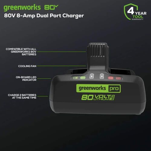 מטען כפול Greenworks 2958602AZ Pro 80V - מטען מקצועי לשתי סוללות עם מאוורר קירור וחיווי LED לעבודה רצופה