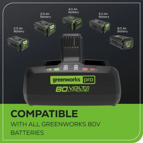 מטען כפול Greenworks 2958602AZ Pro 80V - מטען מקצועי לשתי סוללות עם מאוורר קירור וחיווי LED לעבודה רצופה