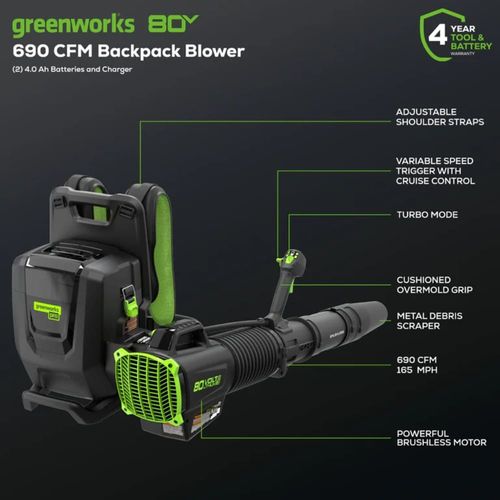 מפוח גב נטען Greenworks BLB492 Pro 80V - מפוח דו-שקעי עם 2 סוללות 5 אמפר ומטען כפול, ספיקה 690CFM ומהירות 165MPH לניקוי יעיל של עלים ופסולת גינה