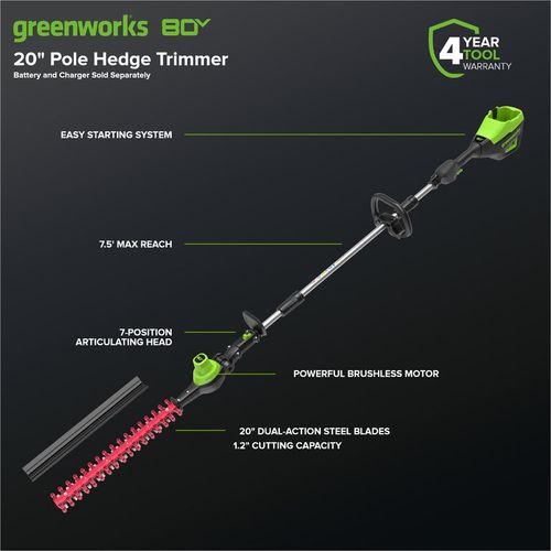 סט גובה Greenworks Pro 80V Brushless - מגזמת גדר על מוט ומסור גבהים טלסקופי עם סוללה ומטען על רקע לבן