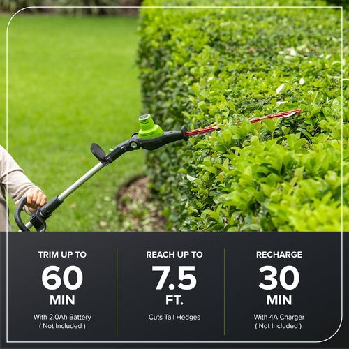סט גובה Greenworks Pro 80V Brushless - מגזמת גדר על מוט ומסור גבהים טלסקופי עם סוללה ומטען על רקע לבן