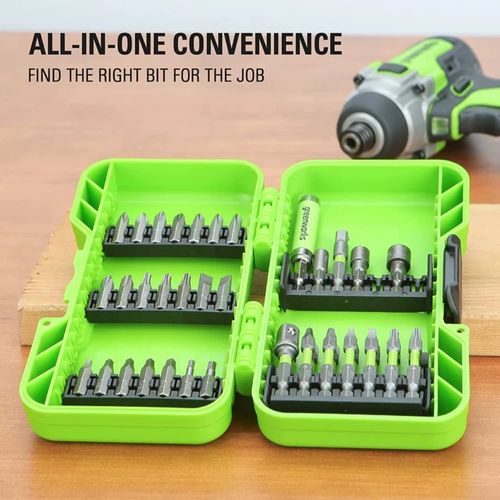 סט ביטים 40 חלקים Greenworks 3509002 מדורג לאימפקט - מזוודת פלסטיק מסודרת עם ביטים בשני אורכים, מפתחות אום ומתאמי בוקסות לעבודה מקצועית