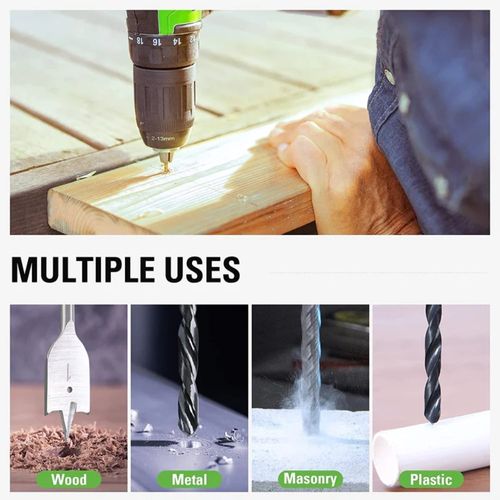 סט מקדחים וביטים 60 חלקים Greenworks 3510902 - מזוודת פלסטיק מסודרת עם מקדחי מתכת, עץ ובטון, ביטים מגוונים ואביזרים לעבודה מקצועית בכל חומר