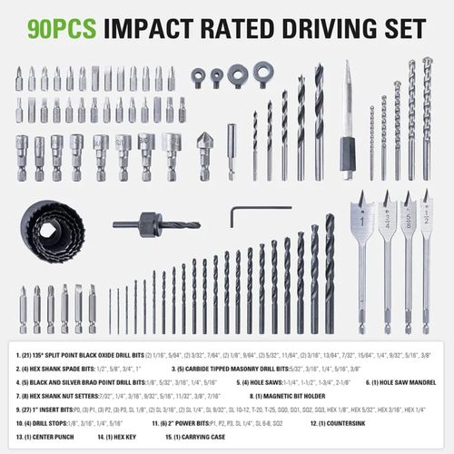 סט ביטים וקדחים 90 חלקים Greenworks 3511002 - מזוודת פלסטיק מסודרת עם קדחי מתכת, בטון ועץ, ביטים, מסורי כוס ומפתחות אום לעבודה עם מברגת אימפקט