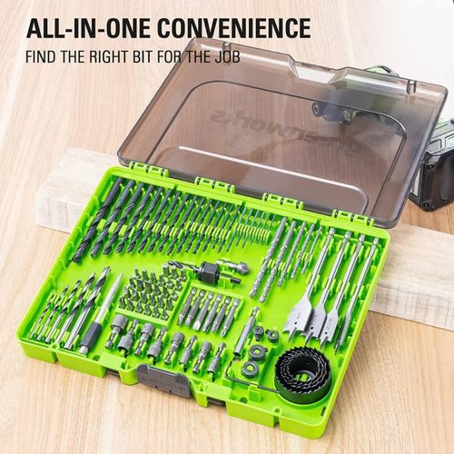 סט ביטים וקדחים 90 חלקים Greenworks 3511002 - מזוודת פלסטיק מסודרת עם קדחי מתכת, בטון ועץ, ביטים, מסורי כוס ומפתחות אום לעבודה עם מברגת אימפקט