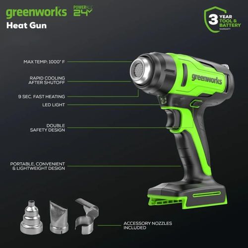 אקדח חום נטען Greenworks HGG301 24V - מבט על רקע לבן עם 3 ראשי עבודה מתחלפים, סוללה 2 אמפר ומטען, מתאים להסרת צבע וכיווץ שרוולים