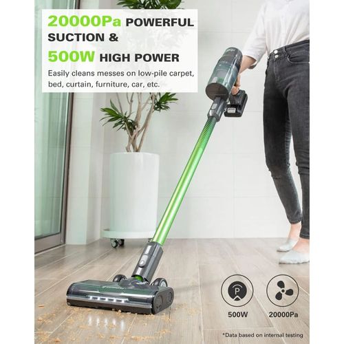 שואב אבק נטען Greenworks 4700020-VK 24V 500W - מוצג על רקע לבן עם 2 סוללות 4 אמפר ומטען כפול, מסך דיגיטלי מגע ומסנן HEPA רחיץ לניקוי יסודי