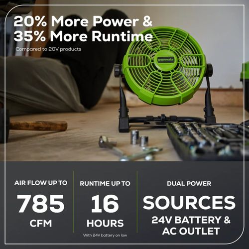 מאוורר נייד נטען Greenworks G24FAN 24V - מאוורר קומפקטי עם כנף 25.4 ס
