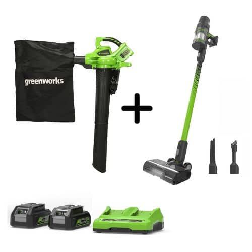 שואב עלים מפוח Greenworks 48V ושואב אבק אלחוטי 24V - חבילת Double VAC Deal עם שתי סוללות ליתיום 4 אמפר ומטען כפול מהיר, פתרון כולל לניקיון בית וחצר
