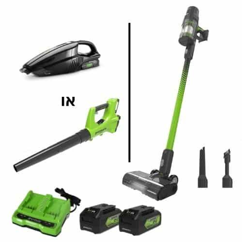 שואב אבק אלחוטי Greenworks VAC PRO 24V עם 2 סוללות ליתיום 4 אמפר ומטען כפול - חבילת דיל מושלמת לניקוי ביתי עוצמתי כולל מתנה