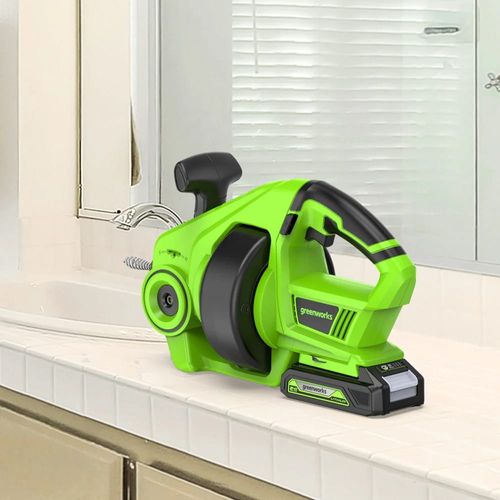 ספירלה נטענת לביוב Greenworks G24DA - כלי מקצועי לפתיחת סתימות עם כבל 7.5 מטר וראש קפיץ נירוסטה, מנוע 550 סל