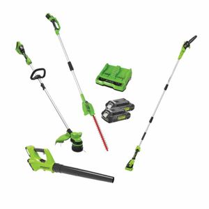 ערכת כלי גינון נטענים Swift & Strong עם מסור גבהים מגזמת גובה וחרמש עם 2 סוללות 2 אמפר ומטען כפול - Greenworks 24V-48V
