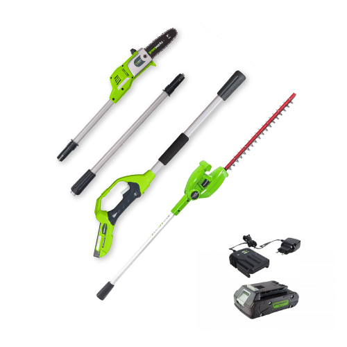 קיט קומבי גובה Greenworks PSPH24B210 - מסור גבהים ומגזמת גדר טלסקופית עם סוללה 2 אמפר ומטען, מוט מתארך עד 2.7 מטר לעבודה בטוחה בגובה